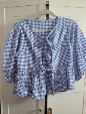 Blue Gingham Tie-Front Peplum Blouse